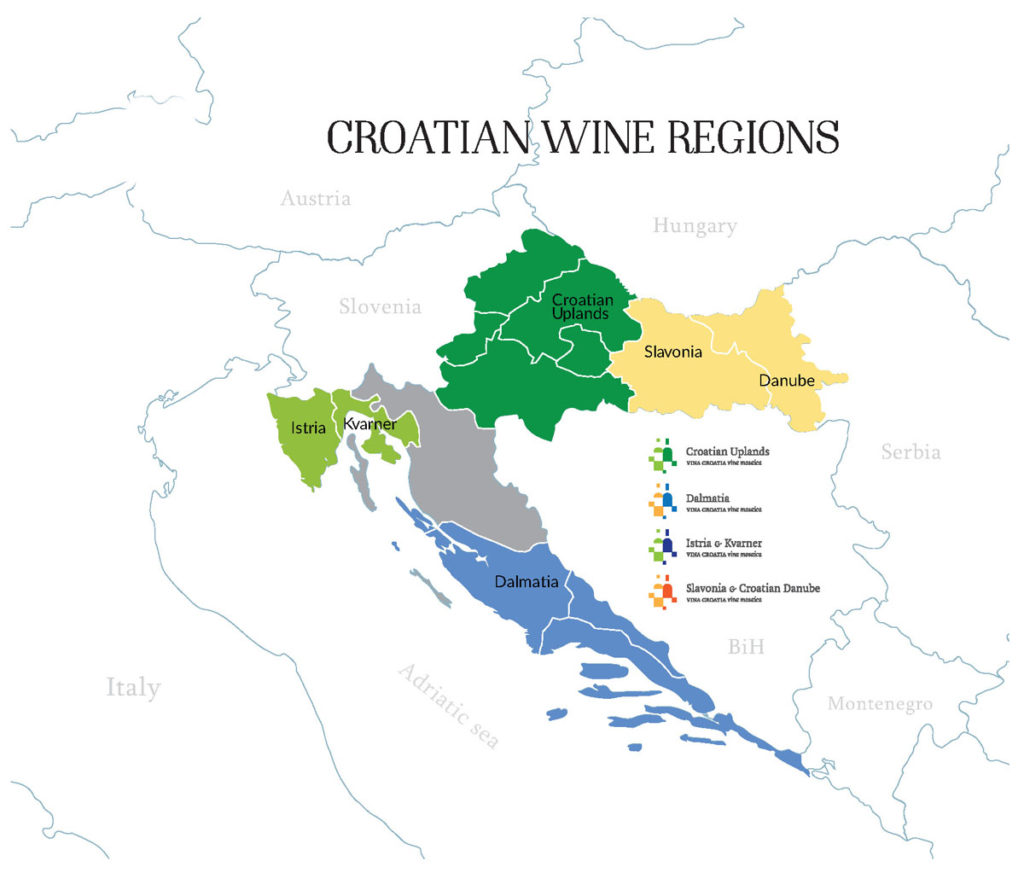 Map of the 4 wine regions of Croatia