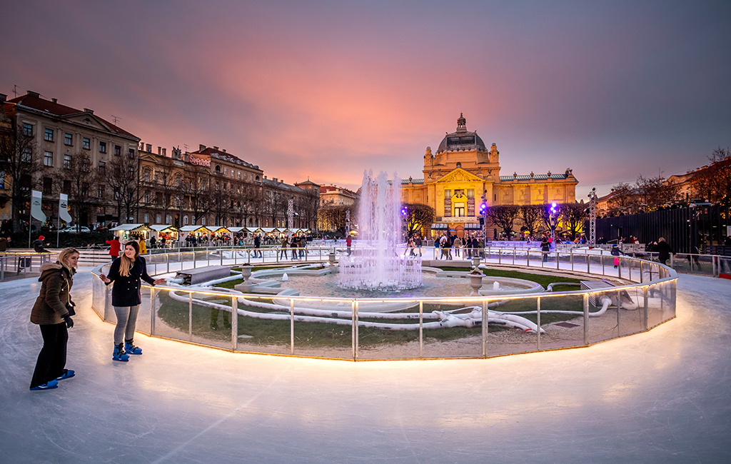 Skating rink in King Tomislav Square during Advent in Zagreb, Croatia; photo by Julien Duval, courtesy of the Zagreb Tourist Board. Tasteful Croatian Journeys' recommendation for the best place to visit in December. 
