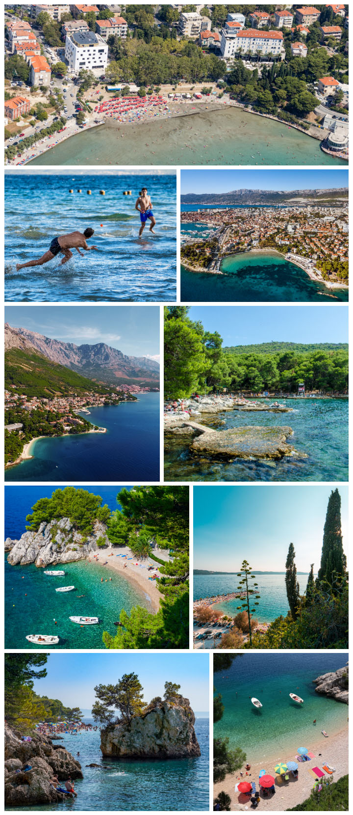 A collage of the beaches of Split and the Makarska Riviera, including Punta Rata and Podrače Beach in Brela, Croatia