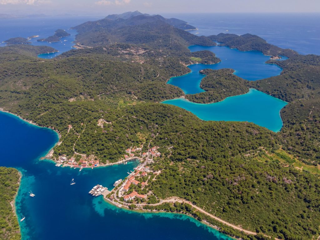 An aerial image of the western part of Mljet, Croatia from above