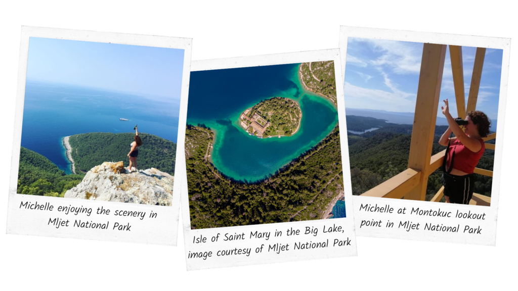 Three polaroid images of Mljet National Park, the two on either end show Michelle Ramonita Rodriguez Stražičić, a Mljet local, at the park.
